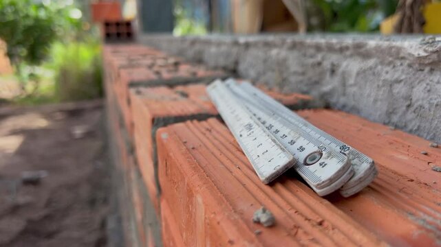 Folding ruler resting on a brick wall under construction with shifting sunlight patterns at a residential worksite.