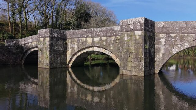 Tranquil View Of Brandomil Bridge (Ponte Romana de Brandomil) In Zas, Galicia, Spain. Aerial Zoom In Shot