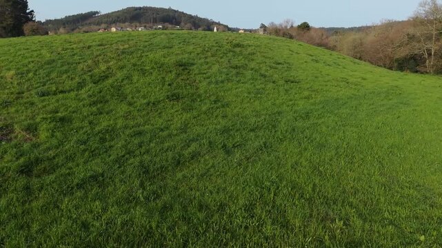 Green Hills With Parroquia y Cementerio de San Paio de Bex&aacute;n In Cospeito In Galicia, Spain. Aerial Drone Shot