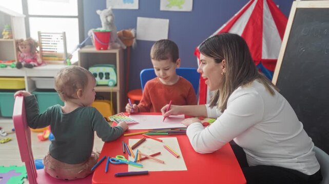 Boy tears paper with hands at red activity table amid colored pencils and scissors while teacher watches in building; concentration learning play.