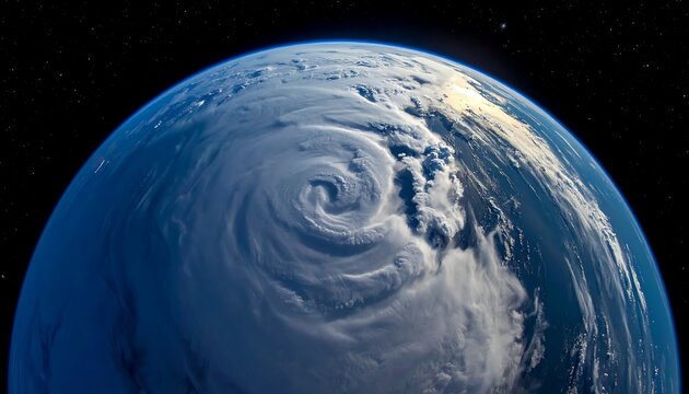 A large storm swirls over a blue planet from space