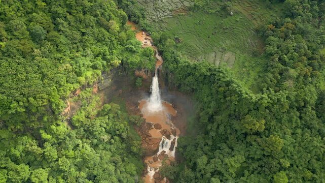 Cimarinjung Waterfall Sukabumi Indonesia And Surrounding Jungle Drone Static Shot 4K 60FPS