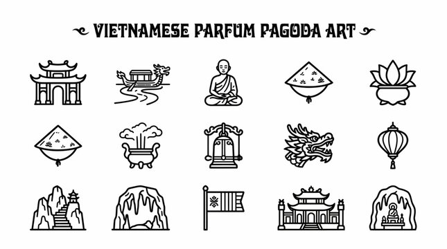 Vietnamese Culture Icons: Pagoda, Dragon, Lotus, Monk, Boat