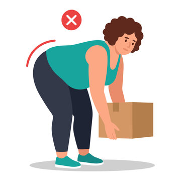 A woman incorrectly lifting a box with her back while bending down.