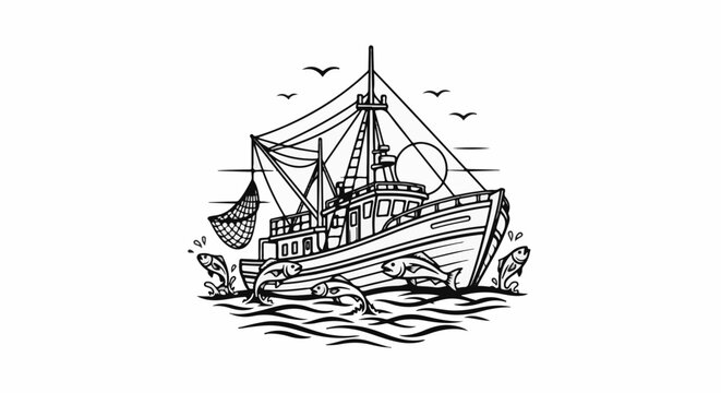 Fishing boat at sea with jumping fish, seagulls and a net