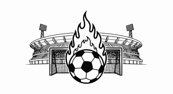Flaming soccer ball in front of stadium goal with floodlights