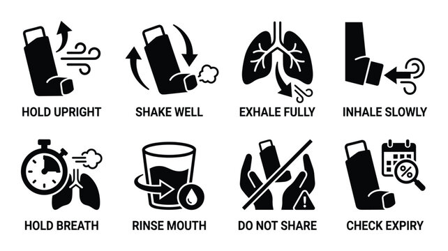 Asthma inhaler use instructions hold upright shake well exhale fully inhale slowly hold breath rinse mouth do not share check expiry.