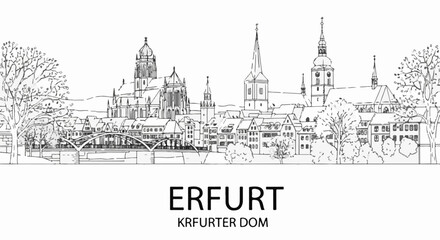 Fototapeta premium Hand-drawn city skyline with churches, bridge, trees, and town
