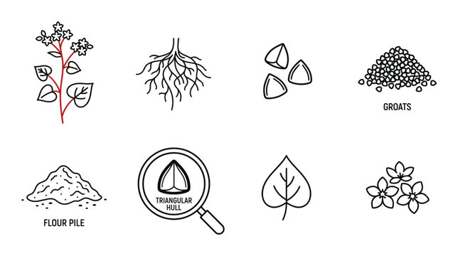 Buckwheat plant parts seeds groats hull and roots detailed line icons for organic food illustration.