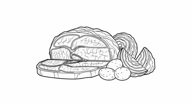 Hand-drawn illustration of raw meat cuts and potatoes against a white background