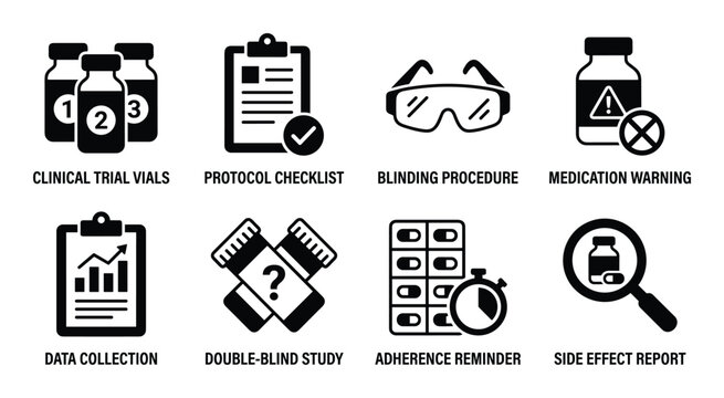 Clinical trial vials protocol checklist blinding procedure medication warning data collection double blind study adherence reminder side effect report.