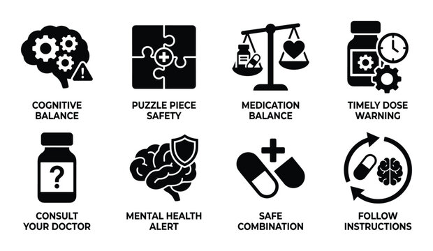 Cognitive balance puzzle piece safety medication balance timely dose warning consult your doctor mental health alert safe combination follow instructions.