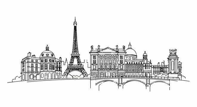 Iconic city skyline sketch featuring a famous tower and ornate bridges