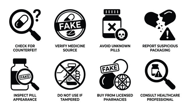 Collection of icons warning about counterfeit drugs fake medication and safe medicine sourcing.