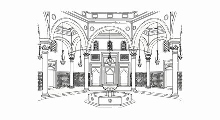 Obraz premium Interior courtyard with arched walkways, columns, and a central octagonal fountain
