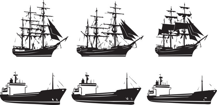 collection of sailing ships and cargo ships silhouettes on transparent background.