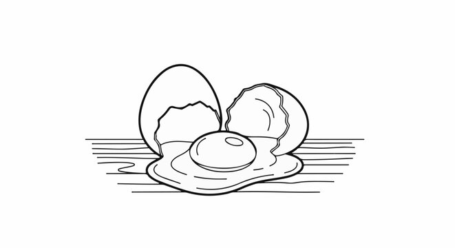 Line art illustration of a cracked egg with yolk and white spilling out