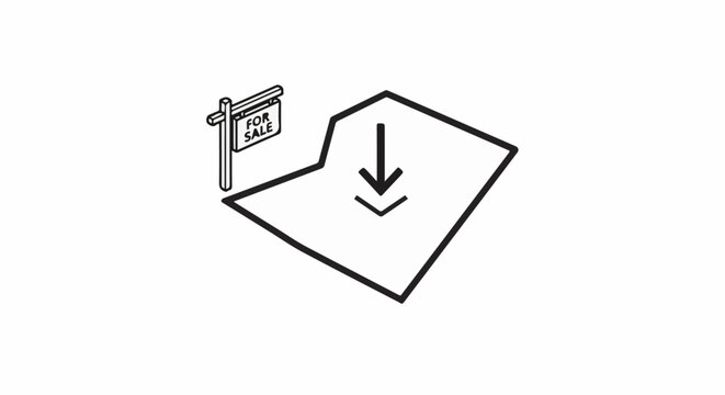 Isometric view of a parcel of land marked for sale with a downward arrow indicating a destination