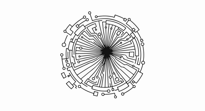 Intricate circular schematic with radiating lines resembling a circuit board