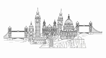 Fototapeta premium London skyline sketch with iconic landmarks, bus, and phone booth