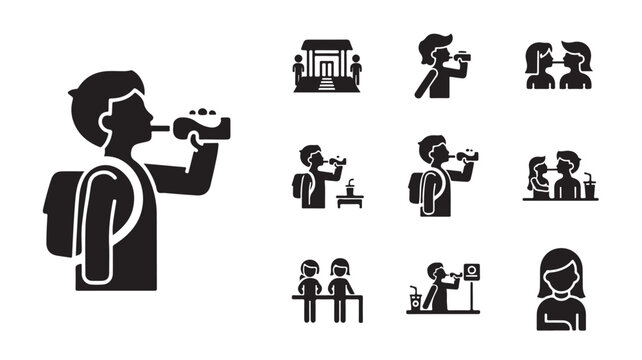 Drinking water icons set, black silhouette people hydrating with bottles and cups, 10 vector elements for health and wellness infographics