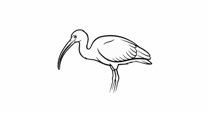 Line art drawing of a bird with a long, curved beak standing on thin legs