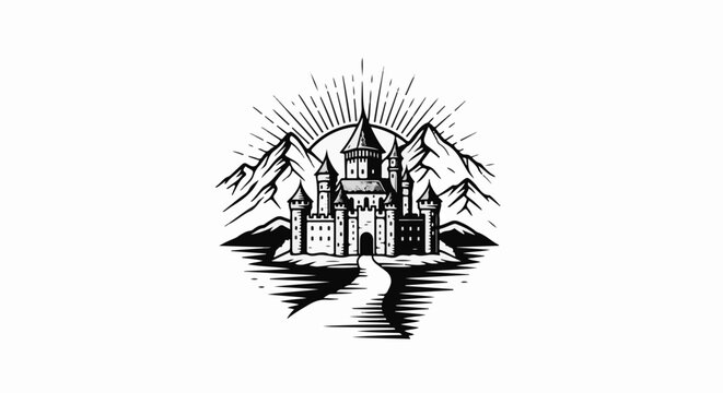 Majestic castle and mountains under a sunburst, with a winding path