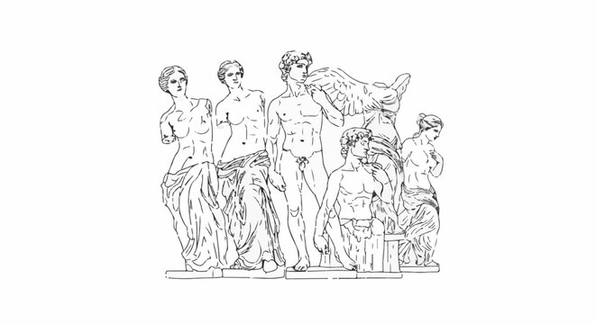 Line art of classical marble statues depicting male and female figures