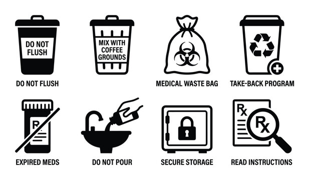Icons for safe disposal of medication expired drugs and secure medicine storage solutions.