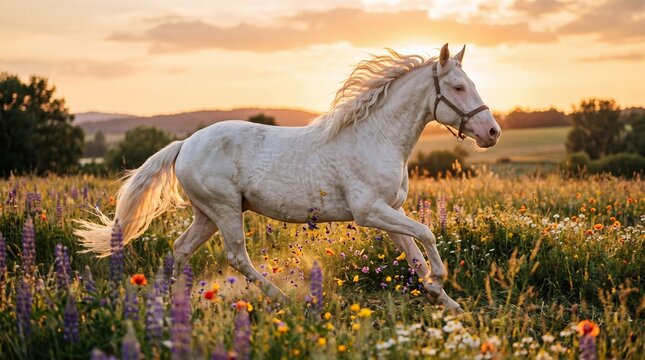 Majestic white Bashkir horse trotting through wildflower meadow at sun