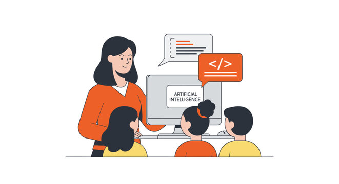 Woman teaching coding to kids.