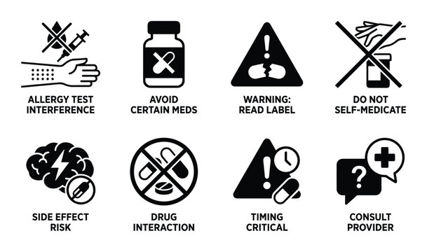 Medical icons illustrating drug interactions allergies side effects and warnings on transparent background.