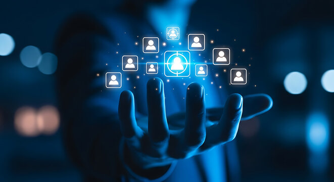 A person interacting with a futuristic interface of interconnected people icons in a dark blue background