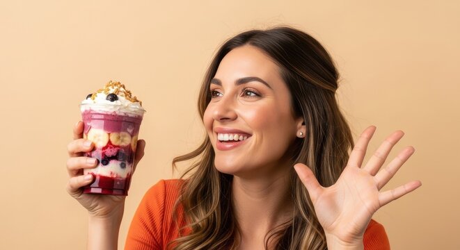 Happy woman smiling and waving while holding a colorful layered smoothie dessert cup, celebrating healthy eating, fresh fruit, and fun snack time together

