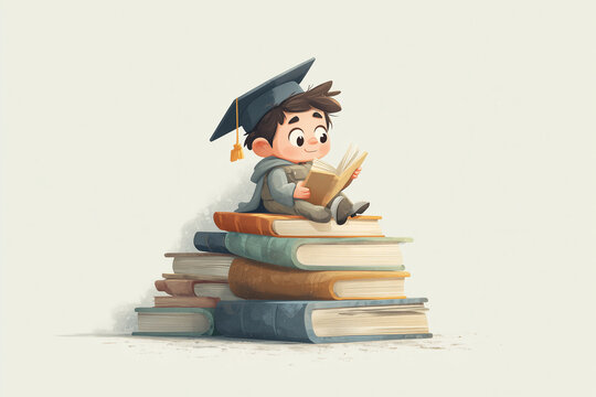 Cute Cartoon Boy in Graduation Cap Sitting on Stack of Books Reading