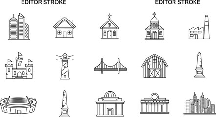 Assorted architectural icons in editor stroke style for design and illustration use © Mim Art