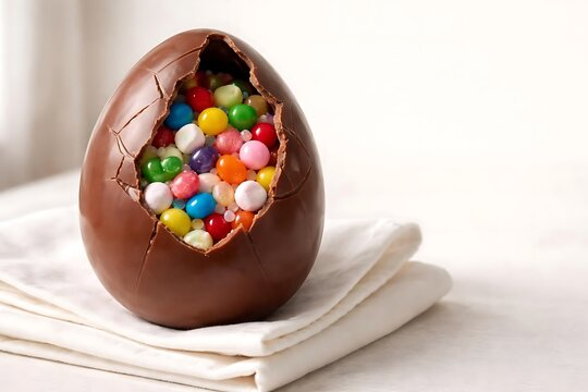 Chocolate easter egg filled with candy colorful dessert concept