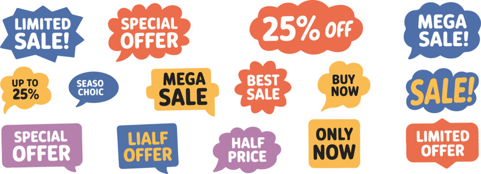 Sale Badge Set Discount Labels Special Offer Stickers Promotion Tags Mega Sale and Buy Now Icons