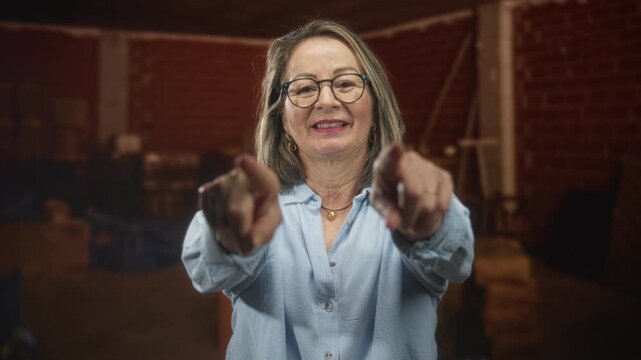 Hispanic woman with grey hair and glasses points both fingers to camera in studio, wearing light blue shirt and gold necklace amid stacked crates and brick wall; confidence empowerment.