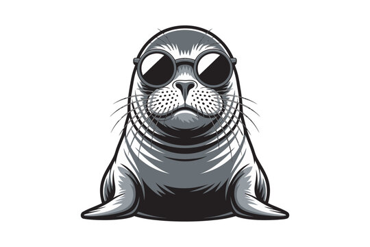 A charming illustration of a seal wearing sunglasses gazing forward with a relaxed expression perfect for design projects on transparent background.