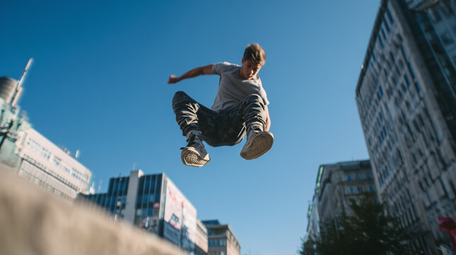 Athletic man doing parkour in the city, jumping between urban buildings with dynamic motion and energy in a modern street environment