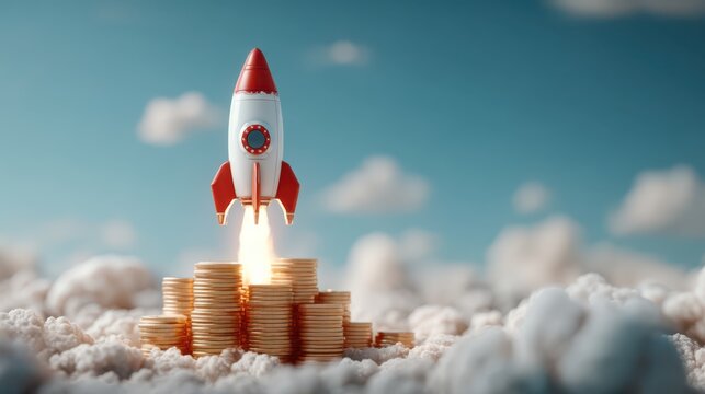 A small rocket launches from a stack of gold coins surrounded by clouds, symbolizing financial growth and investment success.