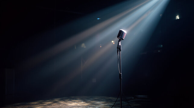 Microphone standing on a stage illuminated by a spotlight, creating a dramatic atmosphere for live music, speech, comedy, or performance events