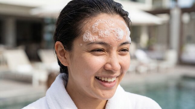Portrait of a smiling woman with facial cleanser foam on her forehead, symbolizing face washing, clean beauty, and refreshing daily skincare routine.