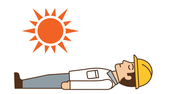 Vector illustration of a construction worker suffering from heatstroke lying under a scorching sun graphic.