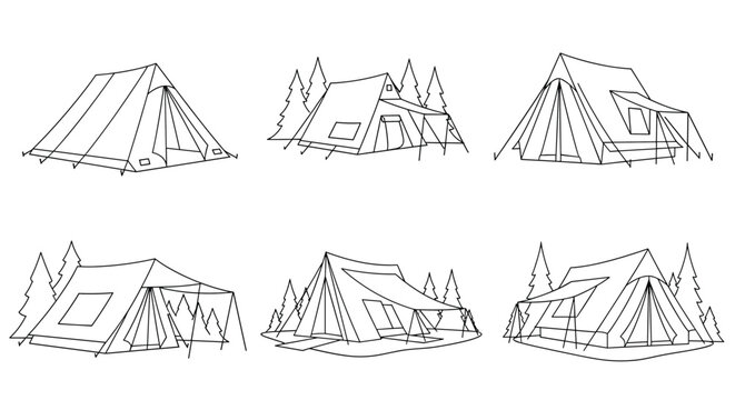 Line art collection of different camping tent styles for outdoor adventure planning and mountaineering trekking guides.