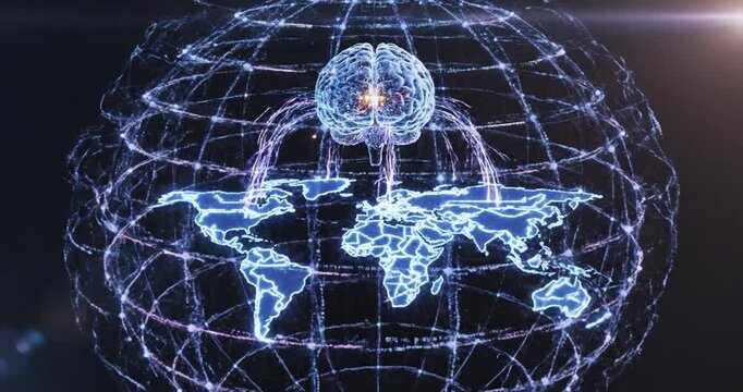 Futuristic digital brain network connecting globally with data streams over a world map