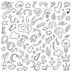 Fototapeta premium Creative Hand Drawn Doodle Style Illustration with Arrows Light Bulbs Clouds and Stars