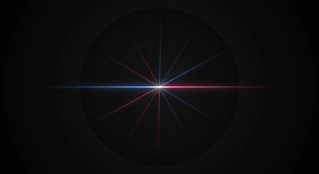 Abstract glowing starburst with intersecting blue and pink horizontal light rays on a dark circular background