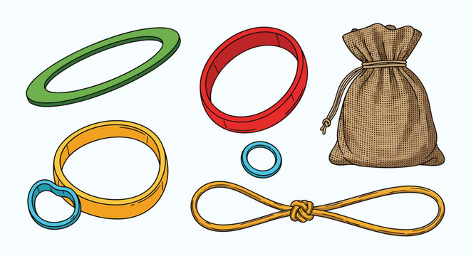 Assorted colorful plastic rings and bands next to a knotted rope and a textured burlap sack tied with a string on a light blue background.